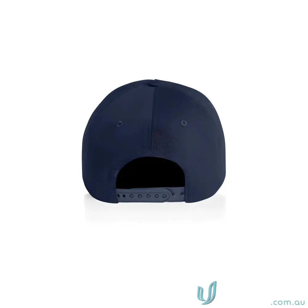 Navy blue high profile baseball cap with plastic adjustable snapback and curved peak