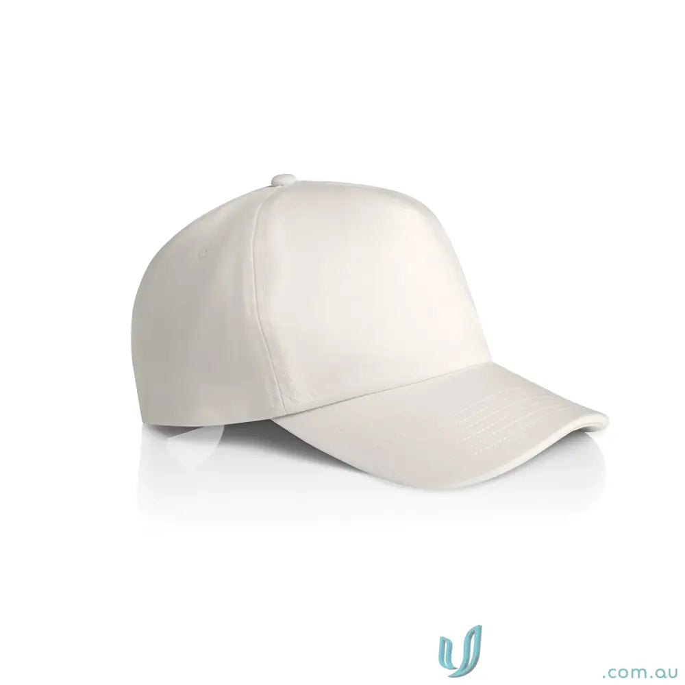 Light-colored high profile baseball cap with curved peak and plastic snapback for custom fit