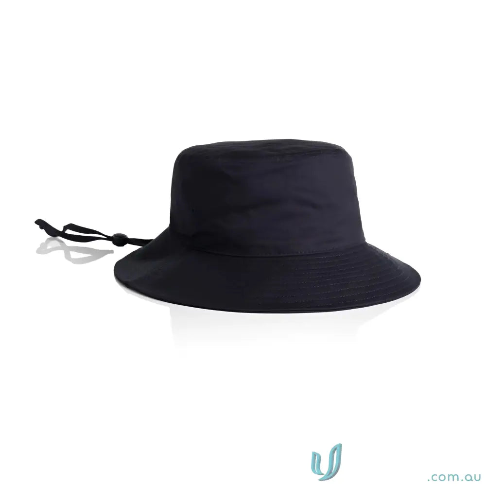 Black wide brim bucket hat with chin strap and cord lock for sun protection