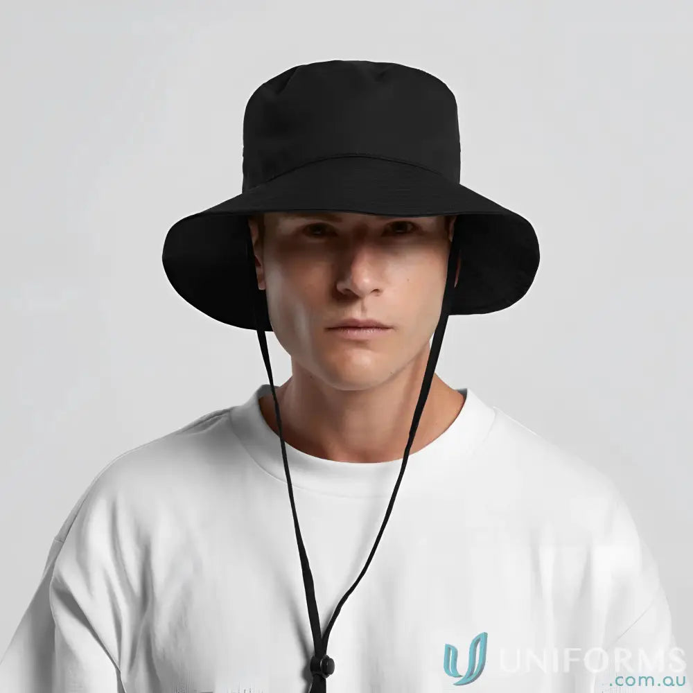 Black wide brim bucket hat with adjustable chin strap for sun protection