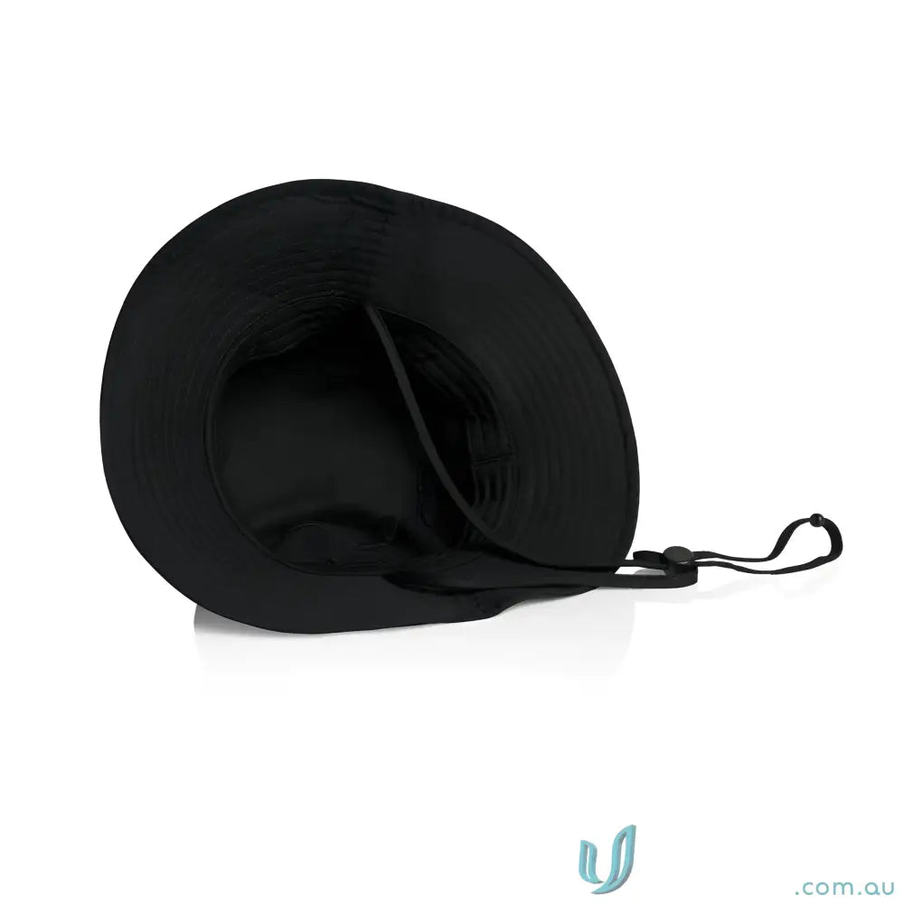 Black foldable wide brim bucket hat with adjustable chin strap for sun protection