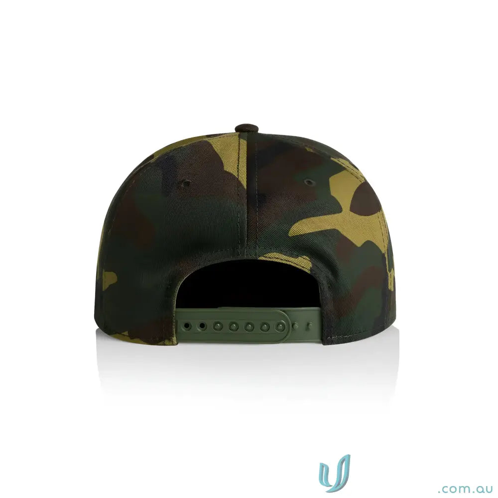 Camouflage print stock camo cap with flat peak and adjustable snapback closure