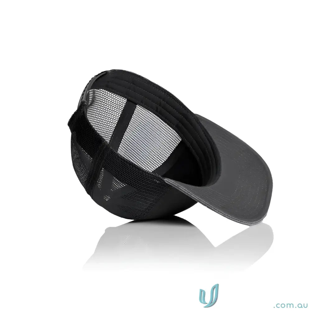 Dark gray trucker cap with durable cotton front and polyester mesh back