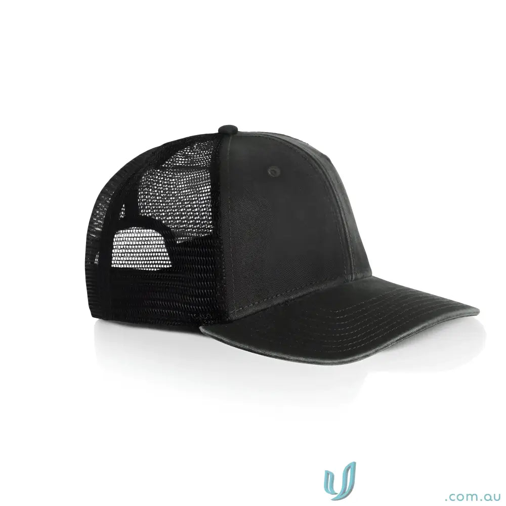 Black trucker cap with durable cotton front and polyester mesh back for a casual vibe