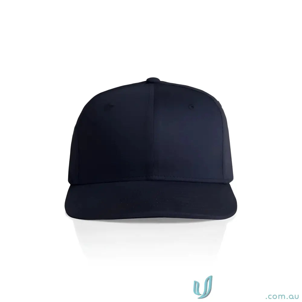 Dark navy blue colour stock flex cap with flat peak and subtle sheen