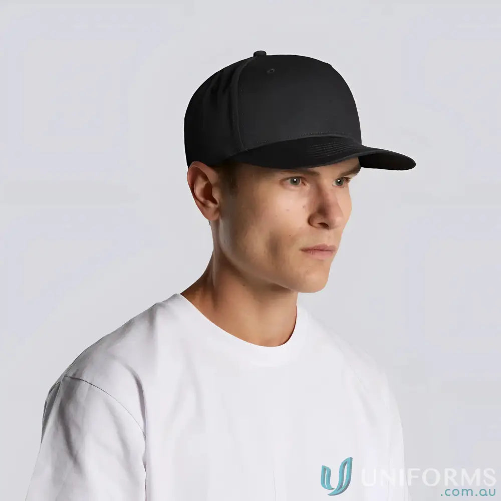 Black AS Colour Stock Flex Cap 1106 with flat peak on a person