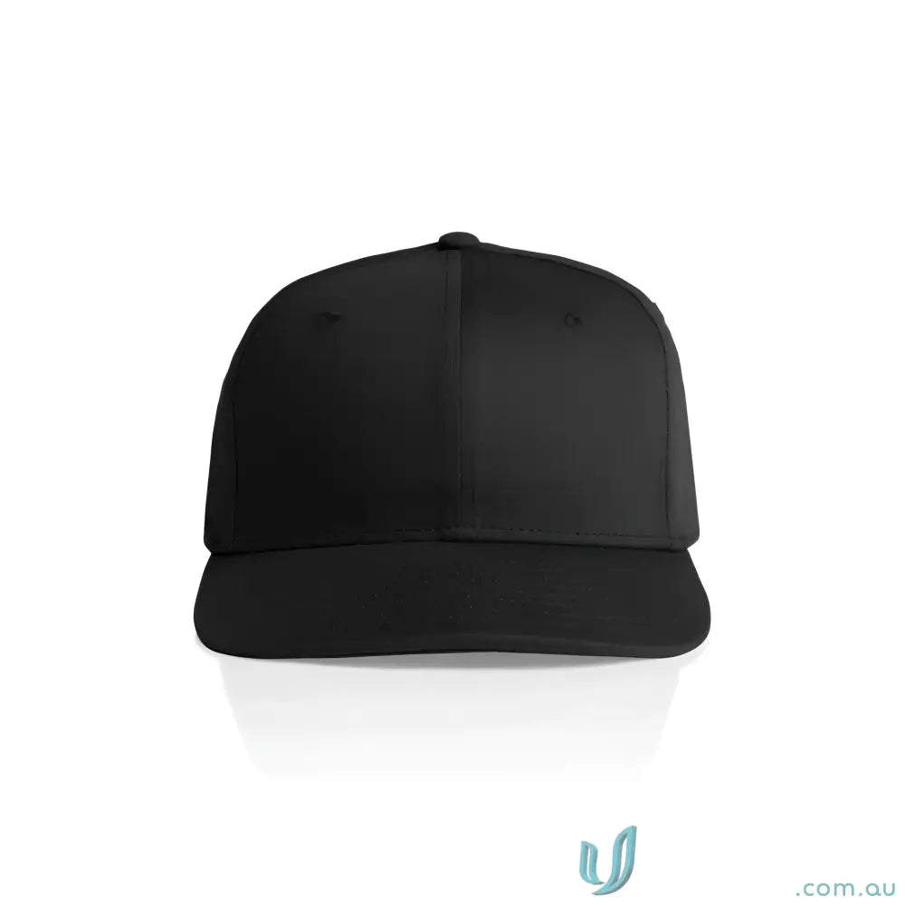 Black flat peak Colour Stock Flex Cap 1106 with subtle sheen and high profile design