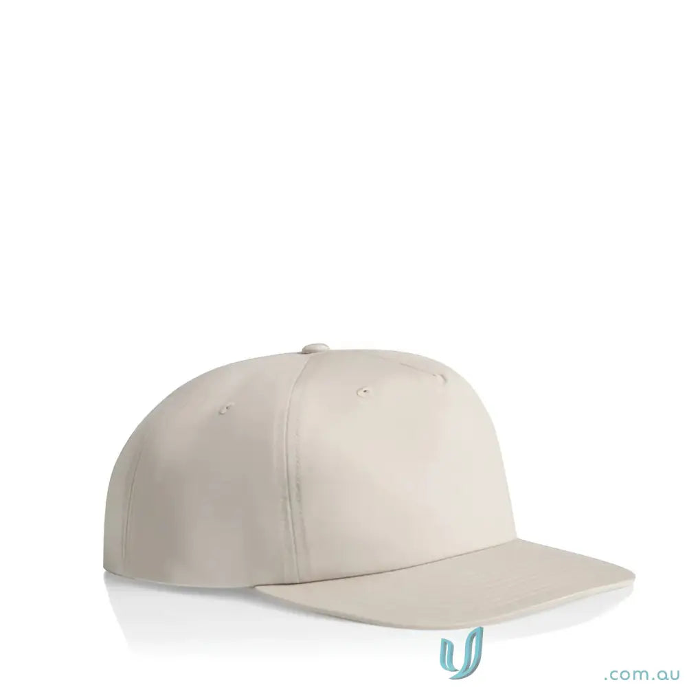 Light-colored recycled nylon Surf Safety Cap with flat brim and snapback style