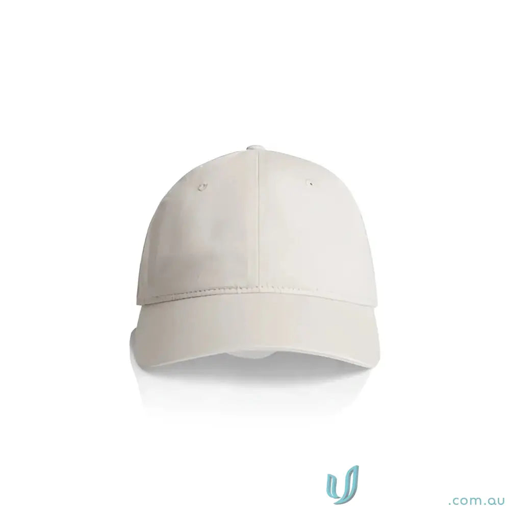 Light-colored six-panel access cap with tonal under-peak lining and slight sheen