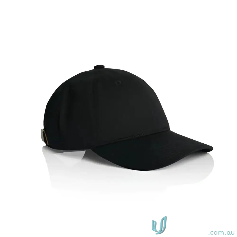 Black six-panel access cap with metal buckle closure and tonal under-peak lining