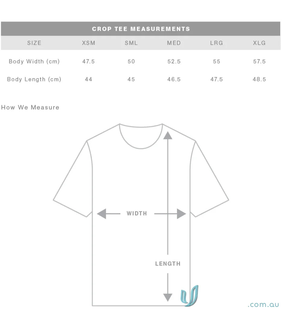 Crop tee size chart for AS Crop Tee, perfect for uniforms or workwear, minimum order friendly