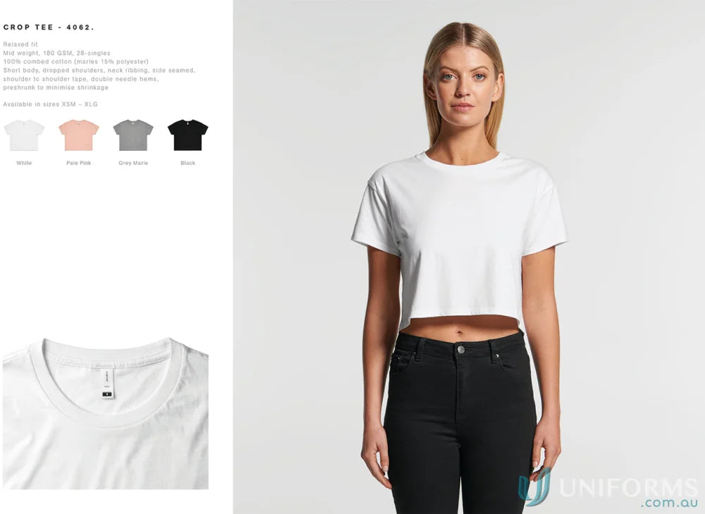 White crop top AS Crop Tee perfect for workwear or minimum order uniforms