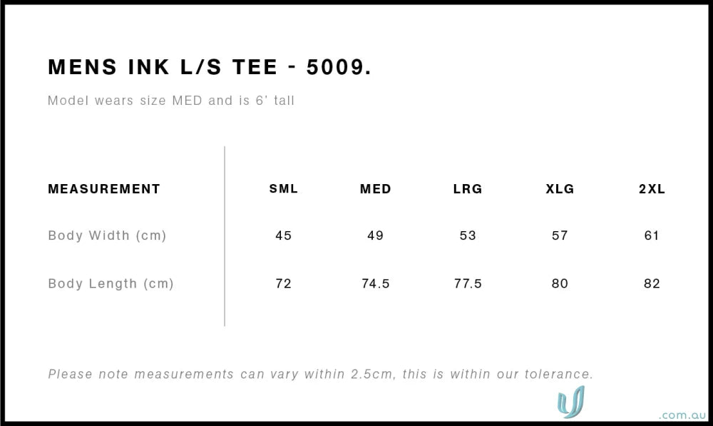 Size chart for AS Ink LS Tee workwear uniforms with body width and length in cm