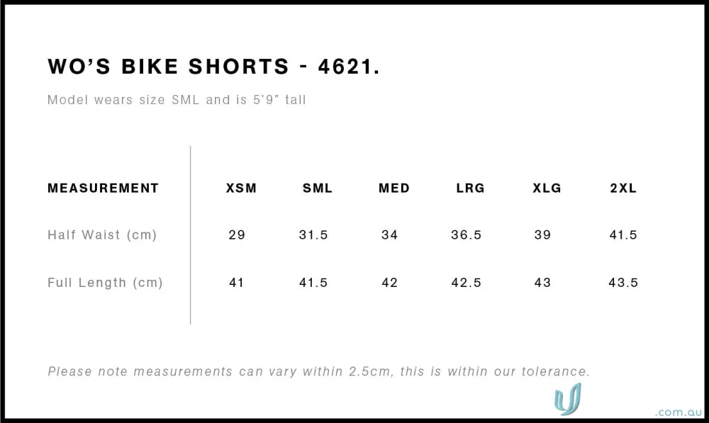 Women’s bike shorts size chart for AS Ladies Active Shorts, perfect for active workwear or uniforms