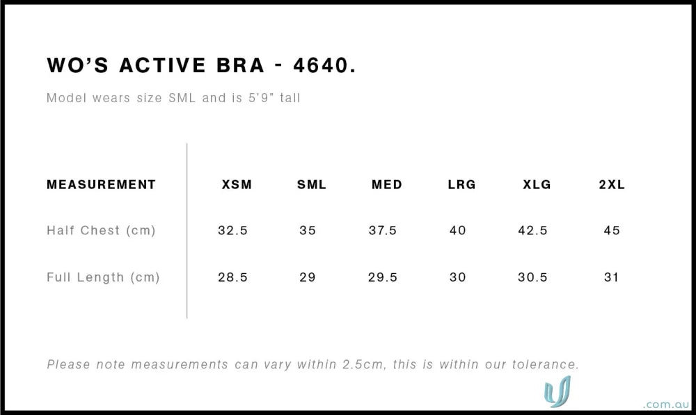 Bra size chart image for AS Ladies Active Sports Bra, perfect for active work uniforms