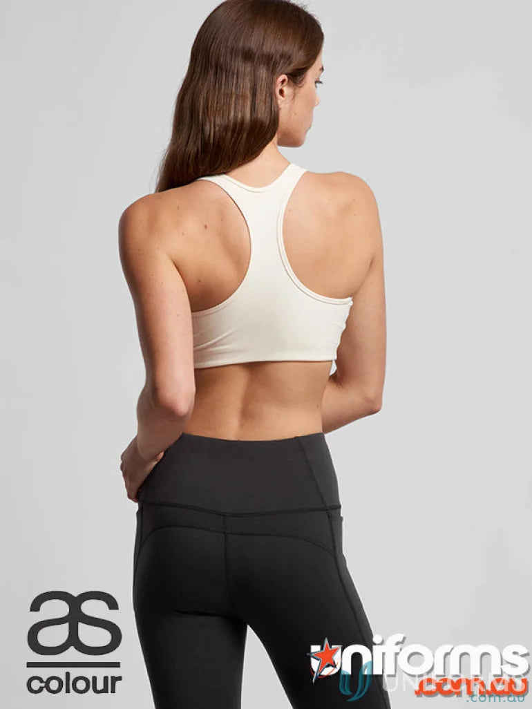 Woman wearing AS Ladies Active Sports Bra with athletic leggings, perfect for workwear and uniforms