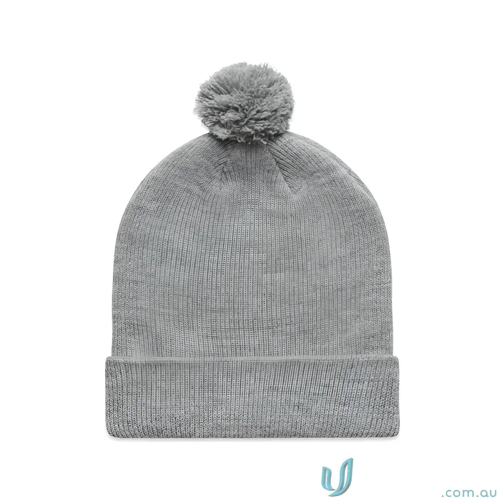 Gray knit beanie with pom pom made from recycled acrylic and colour pom pom style
