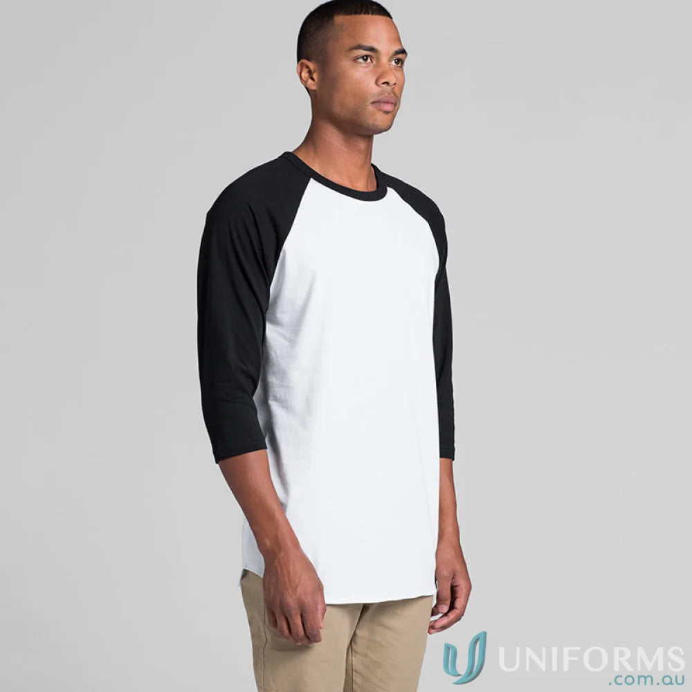 Black and white baseball tee from AS Raglan Tee, perfect for work uniforms or casual uniforms