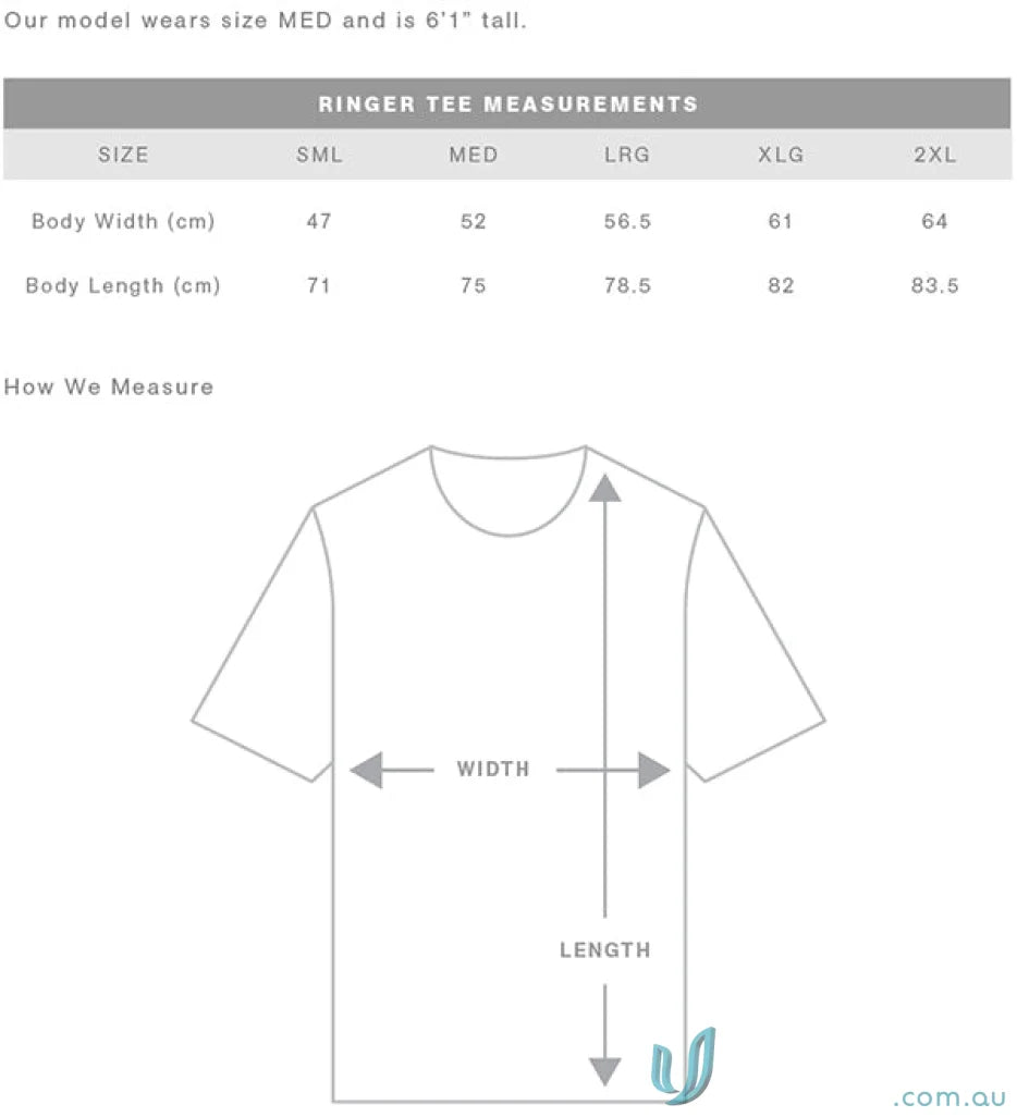 Sizing chart and diagram for AS Ringer Tee with body width and length in cm for workwear uniforms