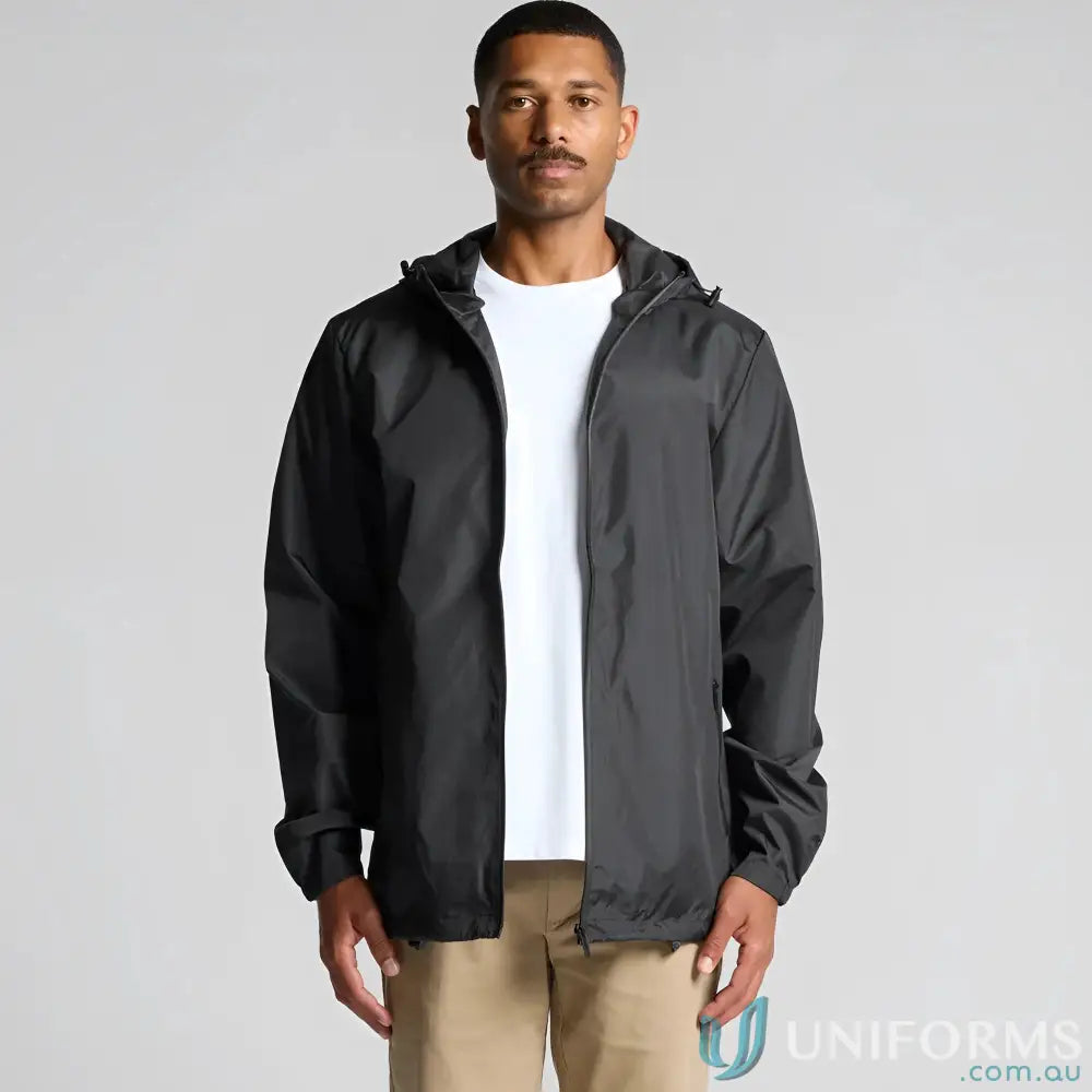 Men’s black section zip jacket with white t-shirt and tan pants for a casual look