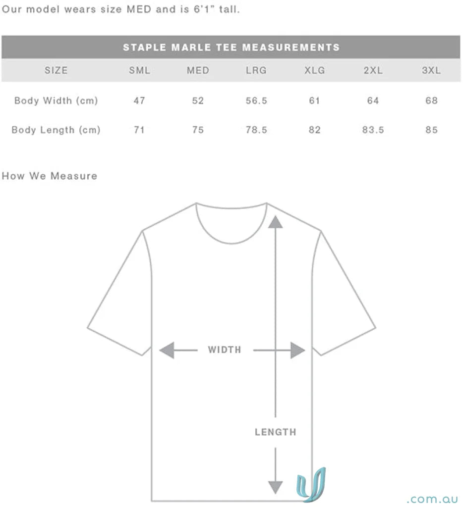 Size chart for AS Staple Marle Tee showing body width and length in cm for S to 3XL