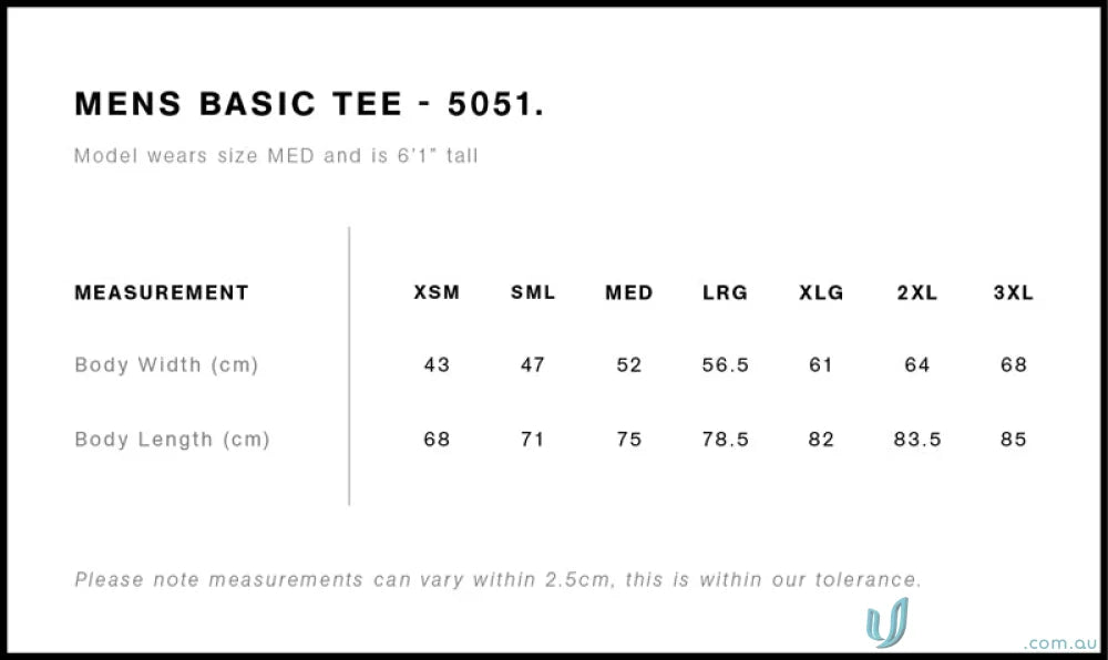 Men’s basic tee size chart for AS Staple Tee, perfect for workwear or uniforms