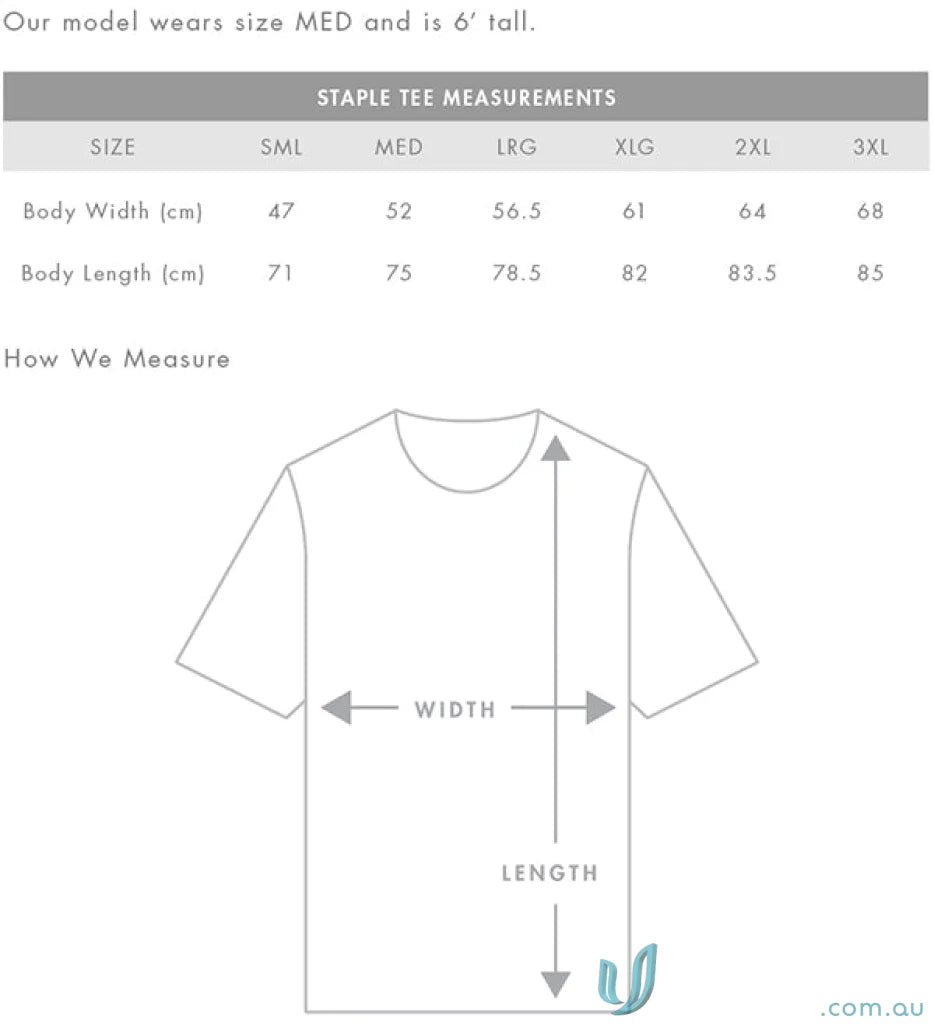 AS Staple Tee T-shirt size chart with measurements for uniforms and workwear