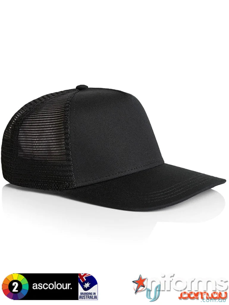 Black mesh-back trucker cap with solid front panel, perfect for uniforms and workwear
