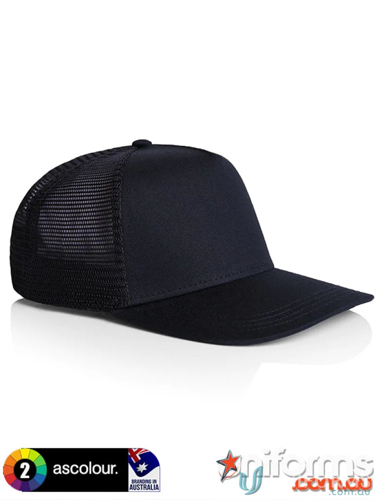 Black AS Trucker Cap with mesh back, perfect for uniforms and workwear styles