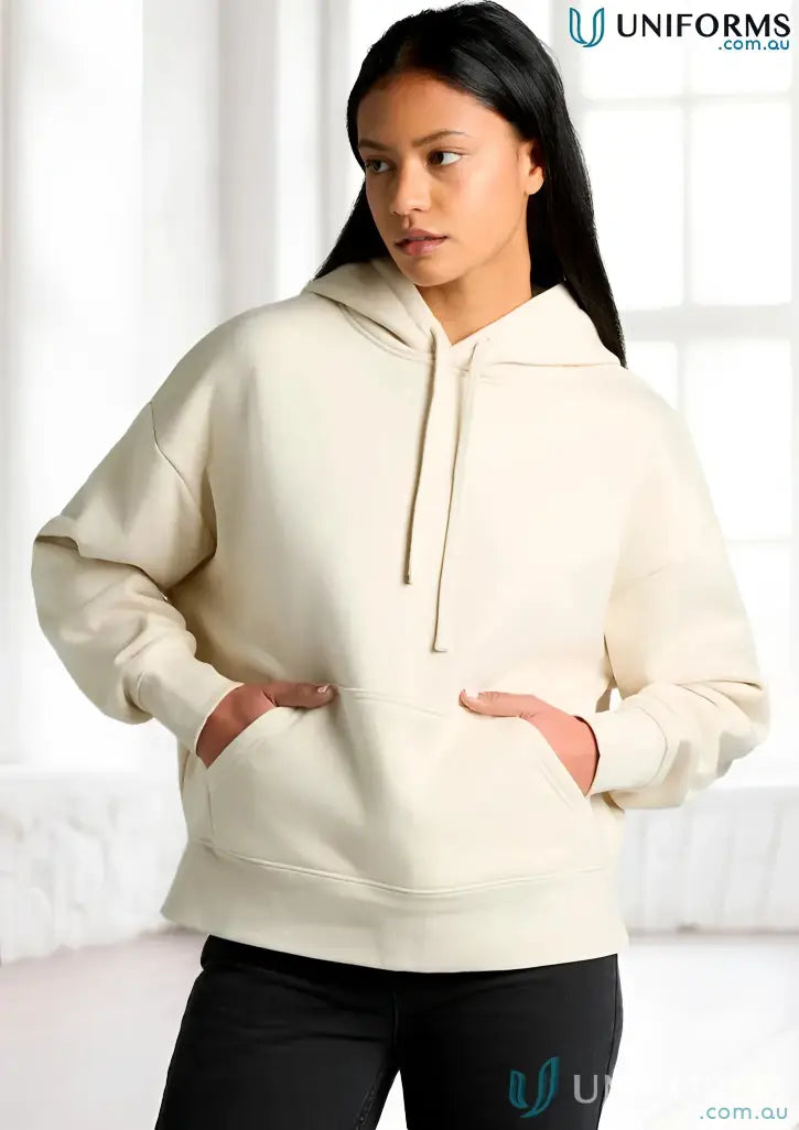 Beige women’s heavy hoodie with oversized heavy weight hood for cozy style
