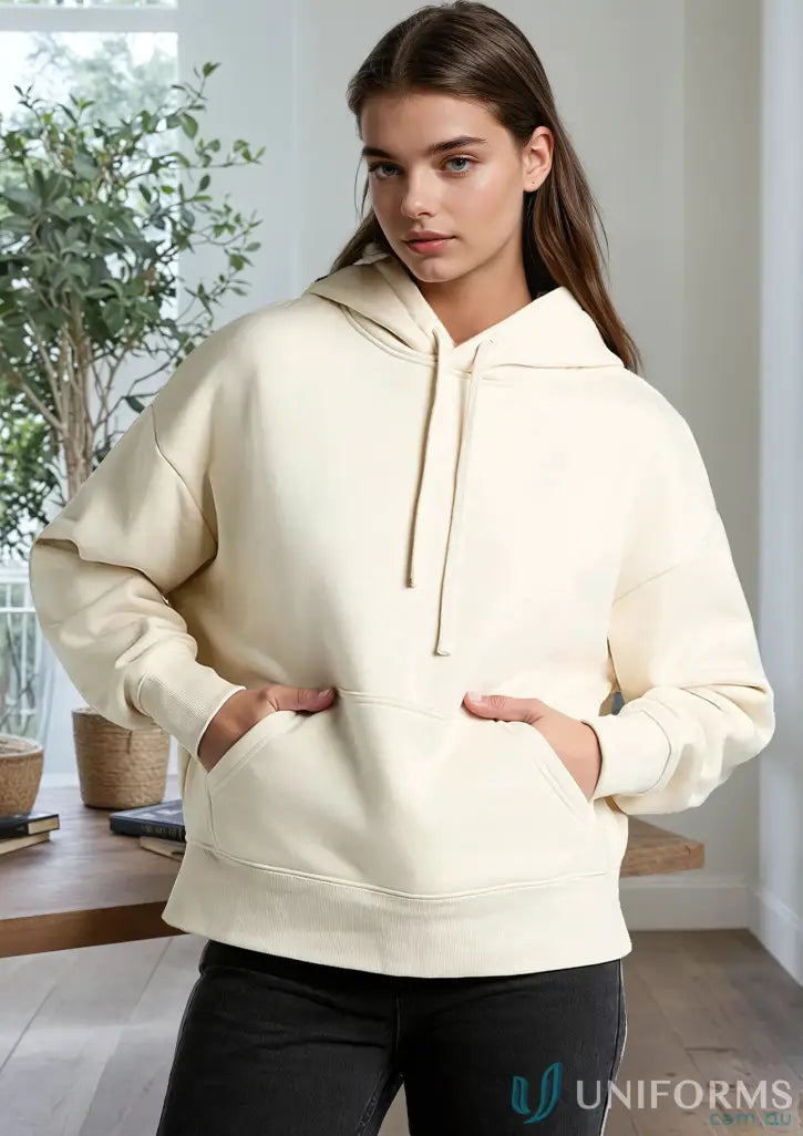Cream-colored heavy weight womens hoodie with a cozy hood from AS Womens Heavy Hoodie