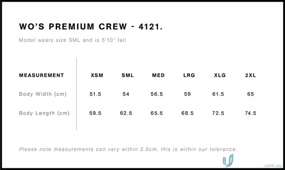 Clothing size chart for AS Womens Premium Crew work uniforms and workwear