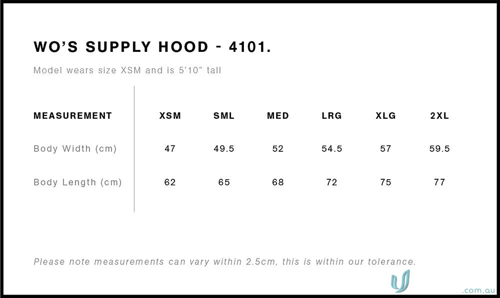Hoodie size chart for AS Womens Supply Hoodie, comfy uniforms made easy