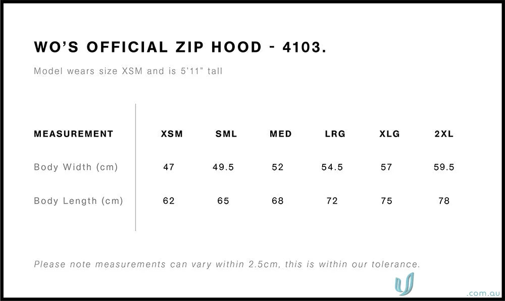 Clothing size chart for AS Womens Zip Hoodie, perfect for sports uniforms or workwear