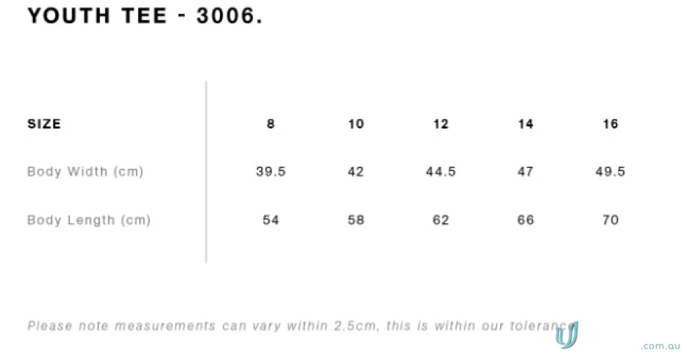 YS Youth Staple Tee size chart for boys’ workwear and uniforms