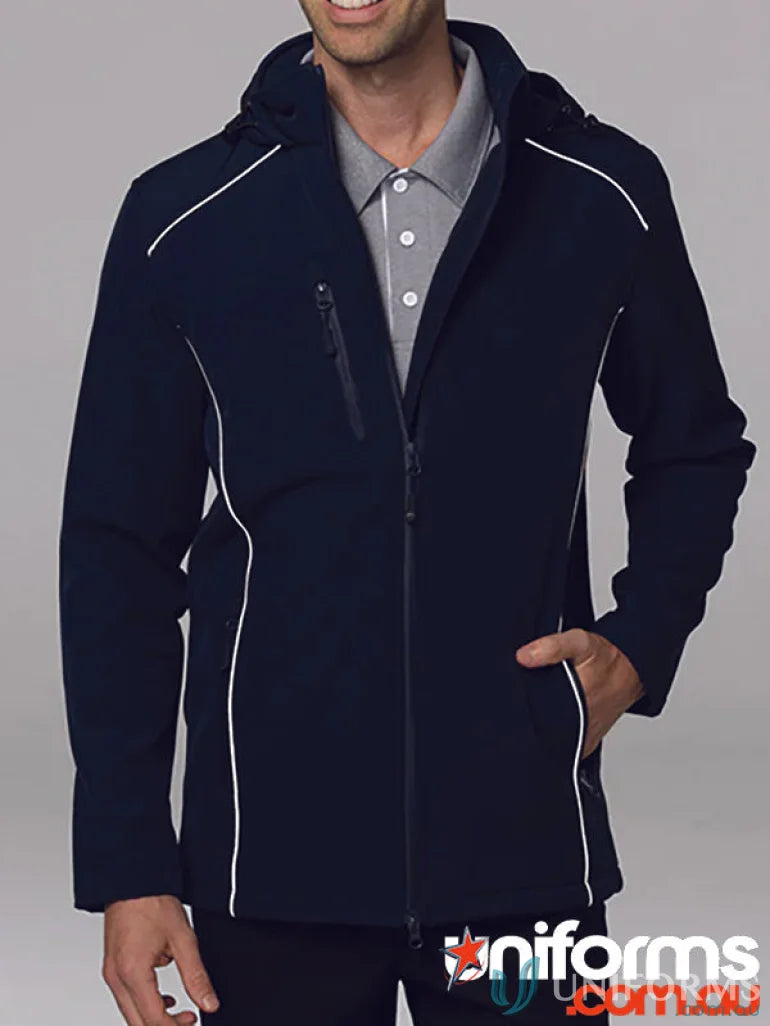 Navy softshell jacket with white trim from Aspen Mens Jacket, made of durable polyester for workwear or uniforms