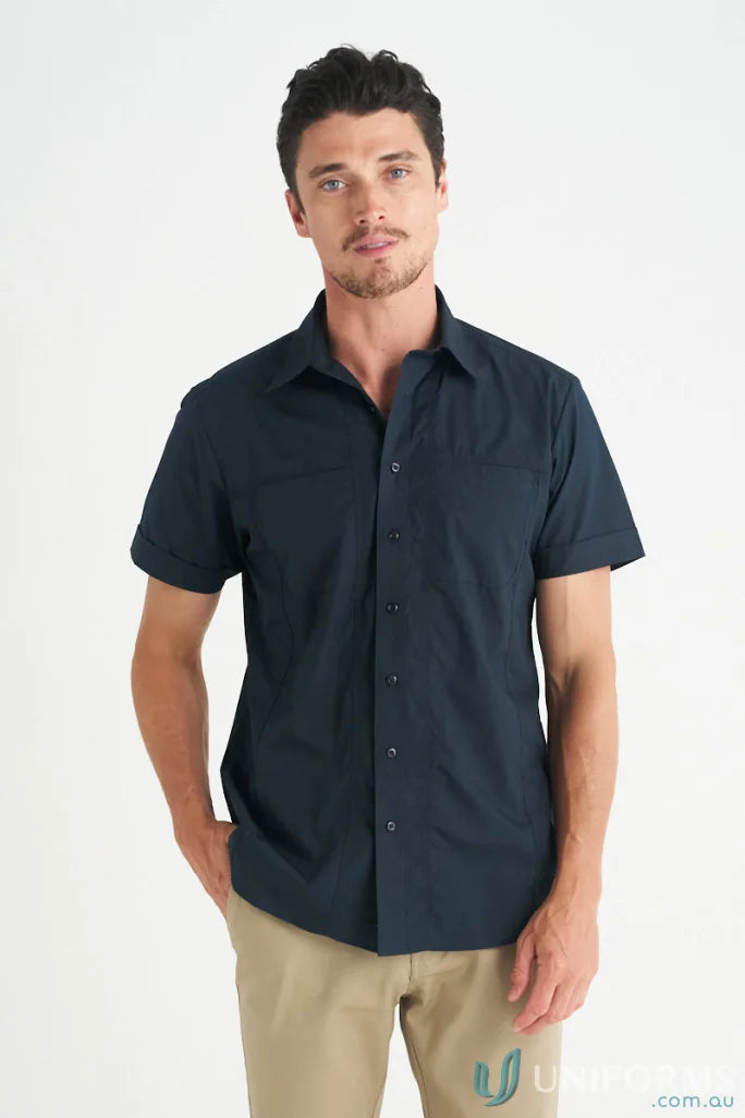Man in navy Aston SS Shirt, stylish men’s casual short sleeve shirt for men