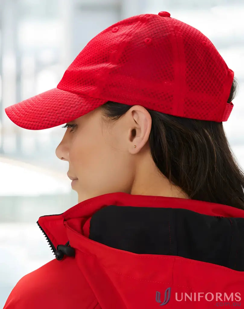 Red textured athletic mesh cap with winning spirit athletic style for CH20 athletic mesh collection