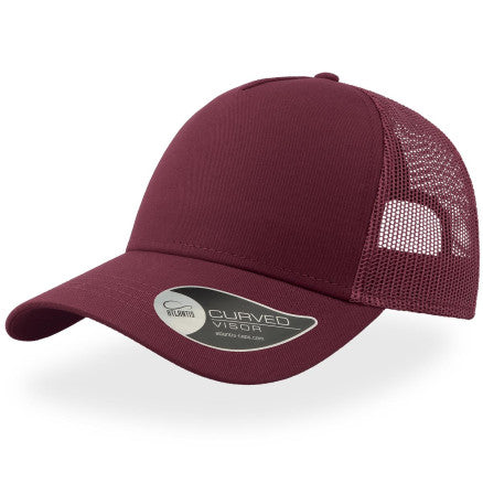 Atlantis trucker cap in maroon curved visor with mesh back, cotton twill