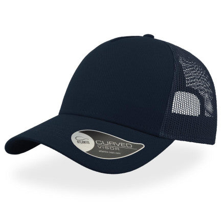 Navy Atlantis trucker cap with curved visor, mesh back, cotton twill