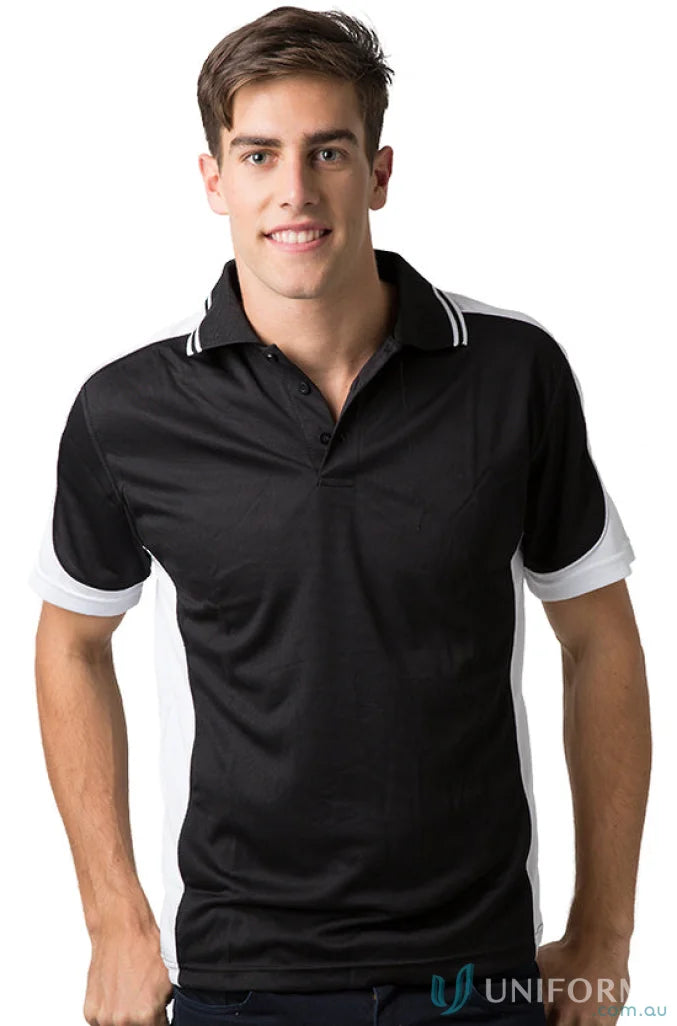 Black and white Auburn Polo with sewn-on pocket and moisture management tech
