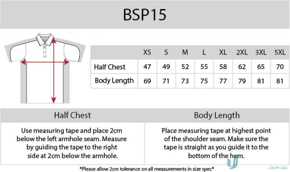 Auburn Polo size chart with moisture management, digital transfer details, and sewn-on pocket