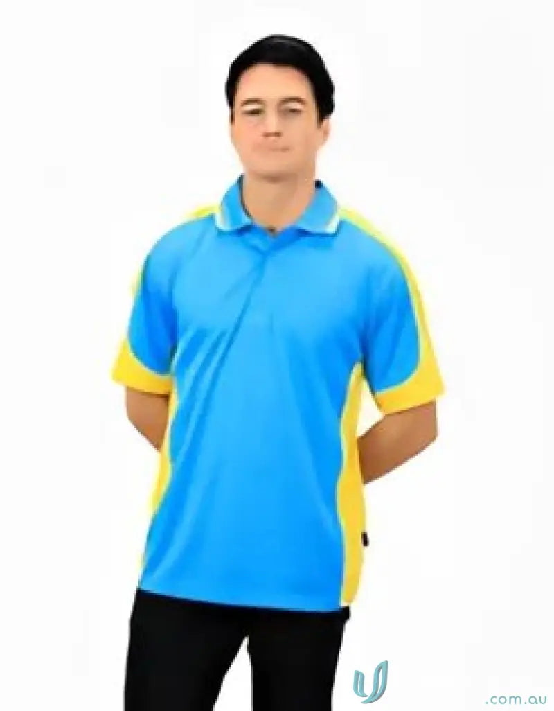 Blue and yellow Auburn Polo with sewn-on pocket, perfect for moisture management