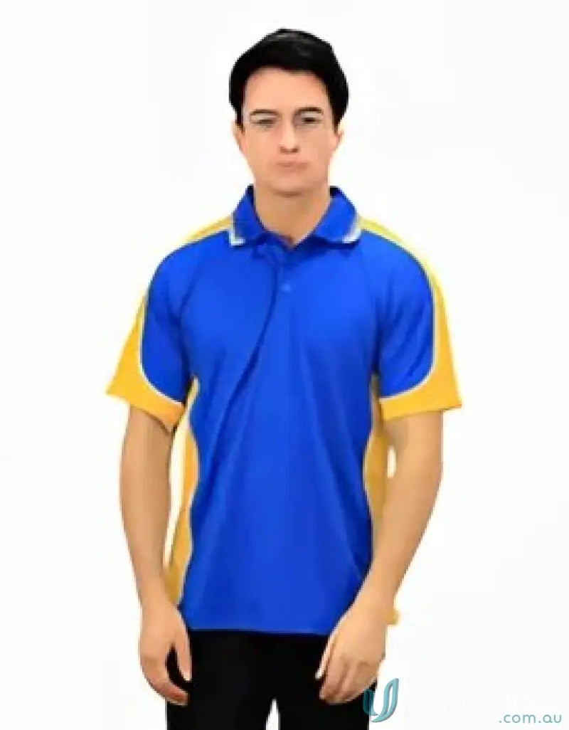 Blue and gold Auburn Polo with moisture management, sewn-on pocket, digital transfer design