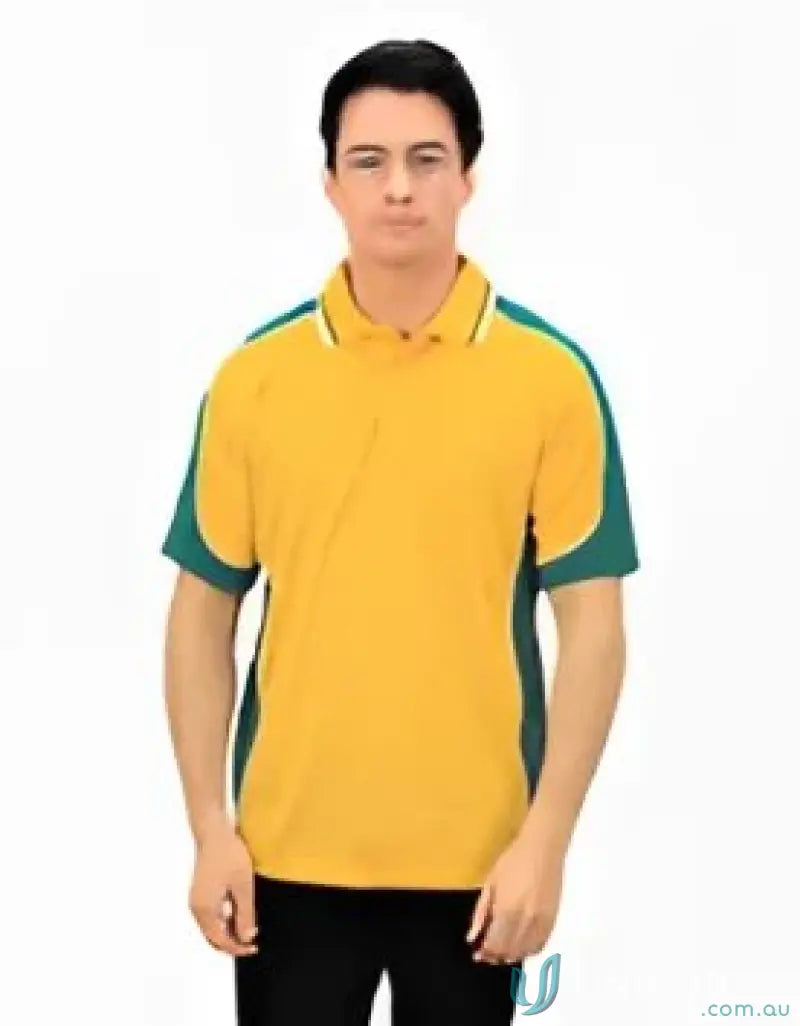 Gold and green Auburn Polo with sewn-on pocket, perfect for moisture management