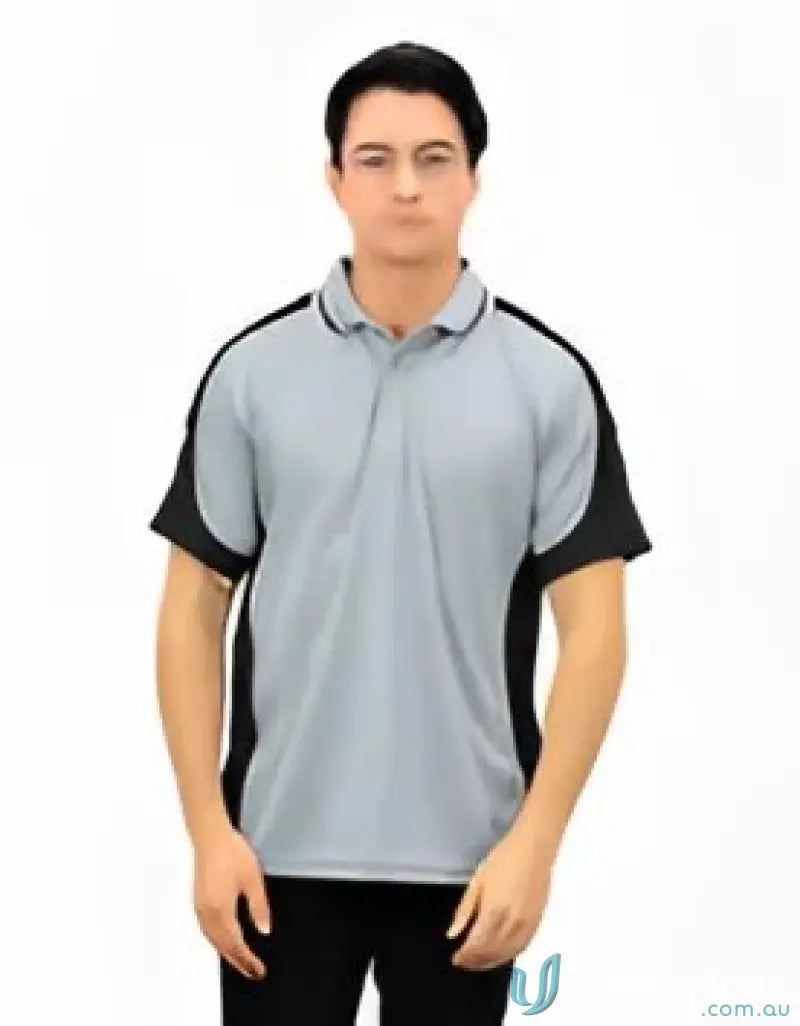 Gray and black Auburn Polo with sewn-on pocket, moisture management tech, digital transfer