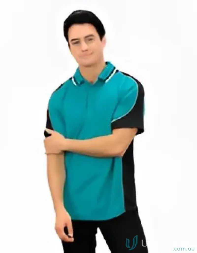 Teal and black Auburn Polo with sewn-on pocket, moisture management tech, digital transfer