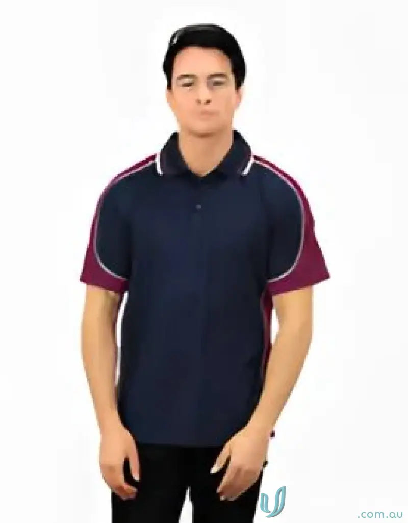 Navy and maroon Auburn Polo with sewn-on pocket and moisture management tech