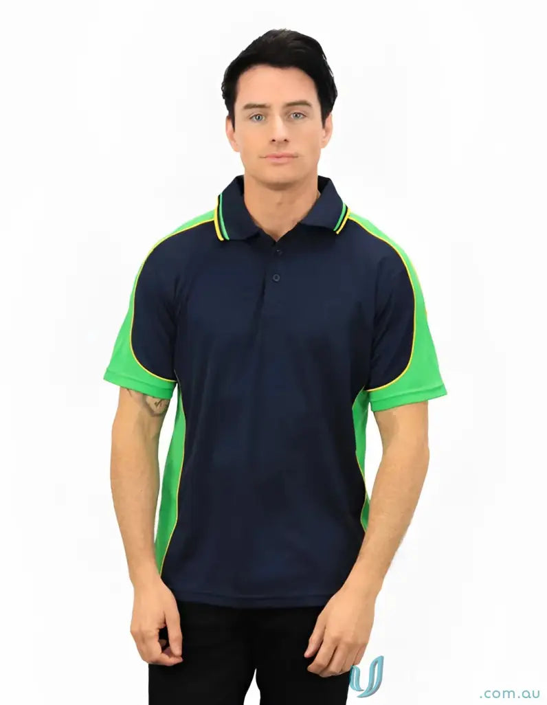 Man wearing Auburn Polo with sewn-on pocket in navy and green, moisture management shirt
