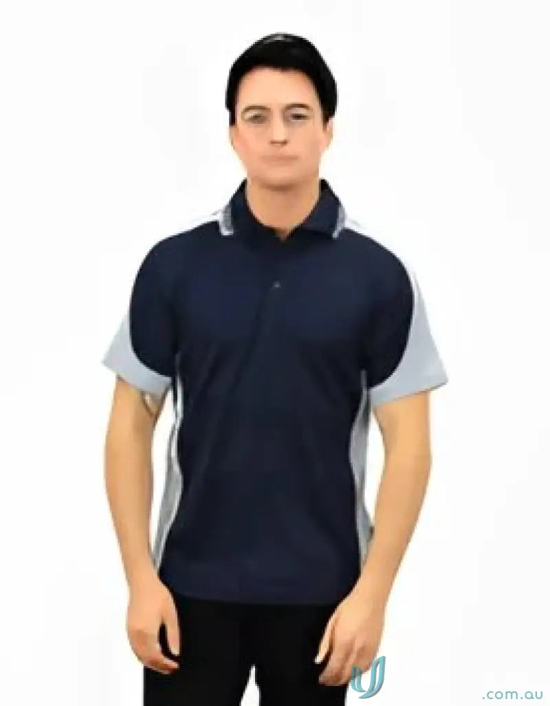 Two-tone Auburn Polo in Navy with sewn-on pocket and moisture management tech